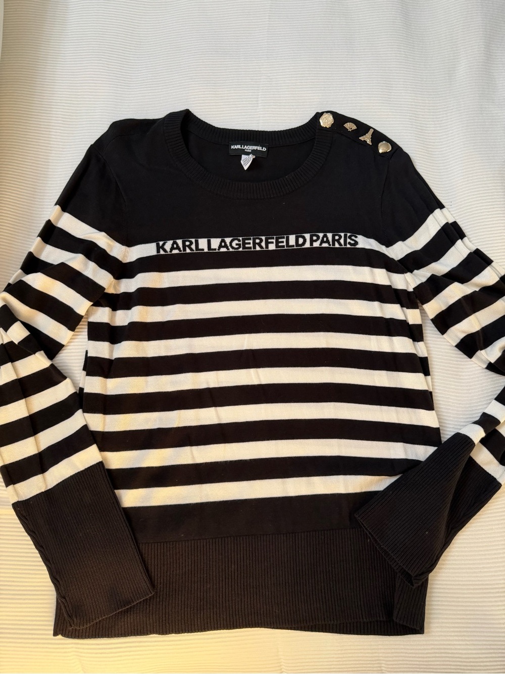 Karl Lagerfeld Black & White Striped Long Sleeve Knit Top